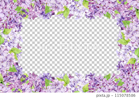 Watercolor horizontal frame with purple lilac on a transparent background. Rectangular border of spring flowers in lavender color. Create Provence Style Wedding Invitations, Save the Date. 115078586