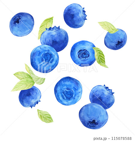 Falling juicy ripe strawberries with green leaves on a transparent background. Watercolor illustration for advertising juices, desserts, pastries. Falling juicy ripe strawberries with green leaves on a transparent background. Watercolor illustration for advertising juices, desserts, pastries. 115078588