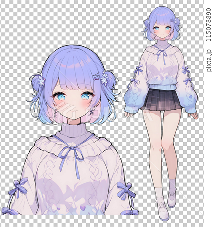 アニメ風カジュアル女子全身立ち絵 AI生成のイラスト素材