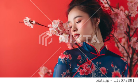 チャイナドレスを着た美しい中国人女性　AI 115078891