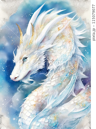 おとぎ話風の白龍の水彩画 スピリチュアル 開運イラストアートの