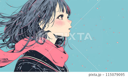 真剣な眼差しの女子学生　冬の背景　AI 115079095