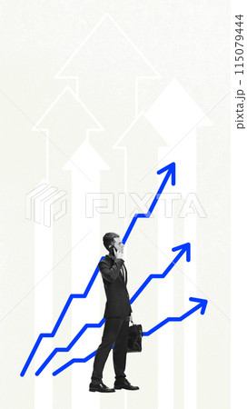 Businessman talking on mobile phone with multiple upward arrows. Strategic progress. Forward-thinking and proactive communication Conceptual design. Art collage. 115079444