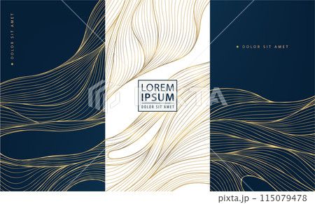 Vector set of wave gold patterns. luxury abstract line art, elegant curve textures. Premium labels, cards, minimal package, glitter silk shapes. 115079478