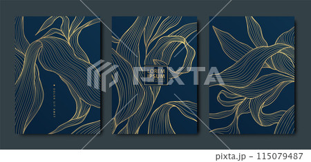 Vector set of luxury leaf gold backgrounds, flower patterns, abstract floral cards. Frames, beauty texture templates, art plant covers, elegant posters. 115079487