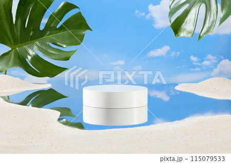 Photo taken against a background of blue sky and white clouds, white sand is spread on the glass surface, leaving a space in the middle to display a showcase platform. Space for text, frontal shot Photo taken against a background of blue sky and white clouds, white sand is spread on the glass surface, leaving a space in the middle to display a showcase platform. Space for text, frontal shot 115079533