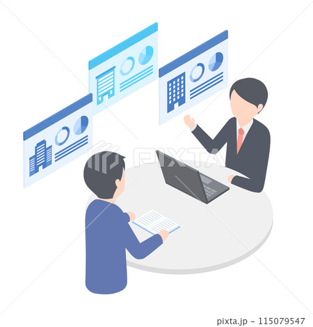 複数の企業の情報を見ながら打ち合わせをしている2人のスーツの男性 複数の企業の情報を見ながら打ち合わせをしている2人のスーツの男性 115079547