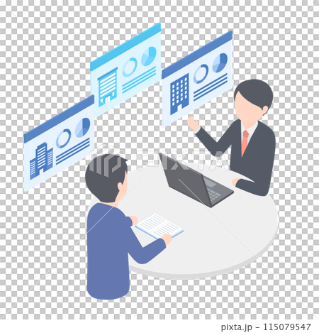 複数の企業の情報を見ながら打ち合わせをしている2人のスーツの男性 複数の企業の情報を見ながら打ち合わせをしている2人のスーツの男性 115079547