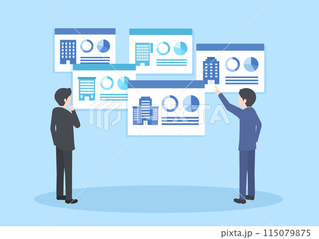 たくさんの企業の情報を見ながら相談している2人のスーツの男性 115079875