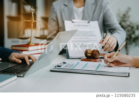 Businessman and lawyer or judge consult having team meeting with client, Law and Legal services concept in office. 115080235
