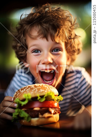Happy child preparing to eat a big hamburger. Generative Ai 115080455