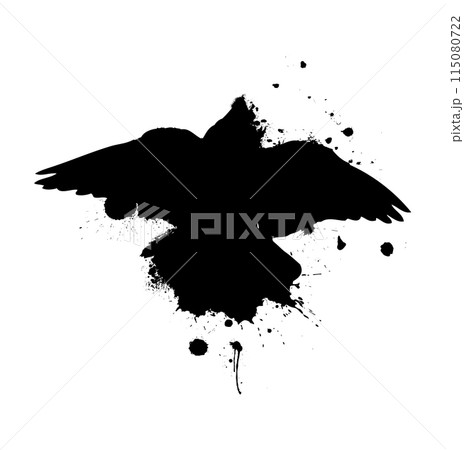 silhouette of a black bird with blots. hand drawing. Not AI, Vector illustration 115080722