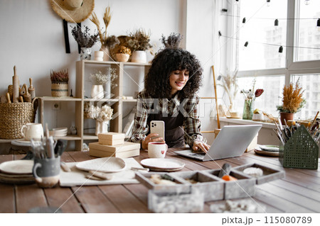 Caucasian female updates web page and social media portfolio. 115080789