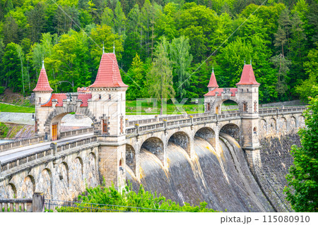 A view of the Les Kralovstvi Dam in Czechia, showcasing the intricate archway and stonework of the structure. The dam stands tall and imposing, surrounded by lush greenery. A view of the Les Kralovstvi Dam in Czechia, showcasing the intricate archway and stonework of the structure. The dam stands tall and imposing, surrounded by lush greenery. 115080910