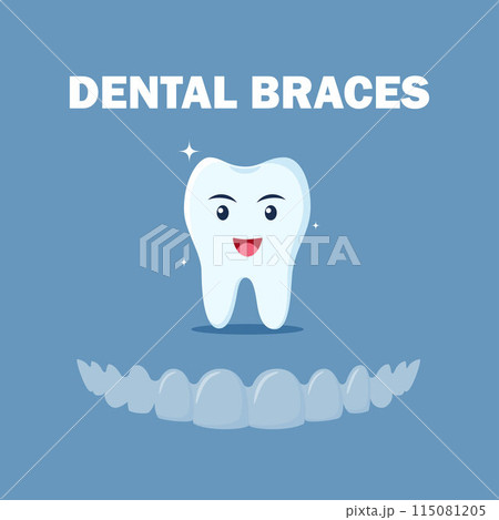 Alignment of teeth by aligners. Transparent braces. Happy tooth character. Orthodontic silicone trainer. Orthodontic treatment concept. Vector. Alignment of teeth by aligners. Transparent braces. Happy tooth character. Orthodontic silicone trainer. Orthodontic treatment concept. Vector. 115081205