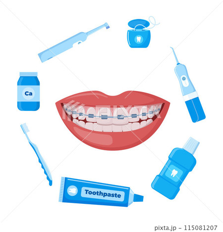Braces Corrective Orthodontics, smiling female mouth with healthy teeth and braces. Dental cleaning tools. Oral care and hygiene products. Healthy smile. Dentistry, dental treatment, orthodontics. 115081207