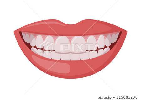 Beautiful smiling mouth with healthy teeth isolated on white. Healthy smile. Dentistry, dental treatment, whitening, orthodontics. Vector. 115081238