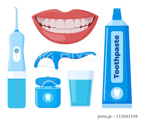 Beautiful smiling mouth with healthy teeth. Dental cleaning tools. Oral care and hygiene products. Dentistry, dental treatment, whitening, orthodontics. Vector. 115081249