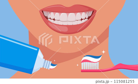 Toothbrush with paste and tube of toothpaste. Beautiful smiling mouth with healthy teeth. Substance used on a brush for cleaning teeth. Dental and oral care concept. Teeth hygiene. Vector. 115081255
