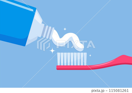 Toothbrush with paste and tube of toothpaste. Substance used on a brush for cleaning teeth. Dental and oral care concept. Teeth hygiene. Vector illustration. 115081261