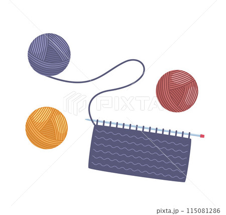 Knitting process, top view. Knitting on needles. Yarn and balls of thread. Vector. 115081286