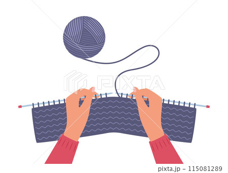 Knitting process, top view on hands holding needles. Yarn and balls of thread. Vector. Knitting process, top view on hands holding needles. Yarn and balls of thread. Vector. 115081289