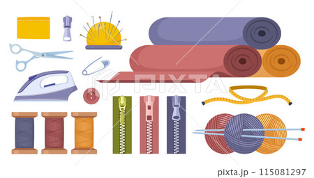 Tailors accessories, supplies to sew cloth. Dressmaking, sewing and knitting. Thread rolls, button, needles, zipper, scissors, iron, yarn, knitting needles. 115081297