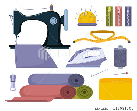 Tailors accessories, supplies and equipment to sew cloth. Dressmaking collection with thread rolls, button, needles, zipper, sewing machine, mannequin, scissors, iron. Tailoring studio. 115081306