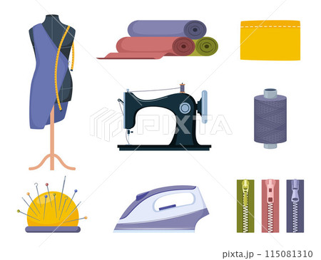 Tailors accessories, supplies and equipment to sew cloth. Dressmaking collection with thread rolls, button, needles, zipper, sewing machine, mannequin, scissors, iron. Tailoring studio. 115081310