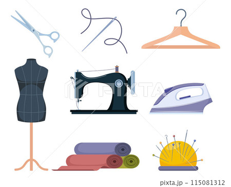 Tailors accessories, supplies and equipment to sew cloth. Dressmaking collection with thread rolls, button, needles, zipper, sewing machine, mannequin, scissors, iron. Tailoring studio. 115081312