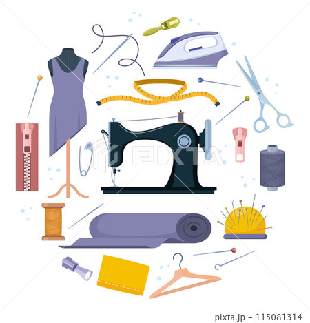 Tailors accessories, supplies and equipment to sew cloth. Dressmaking collection with thread rolls, button, needles, zipper, sewing machine, mannequin, scissors, iron. Tailoring studio. 115081314