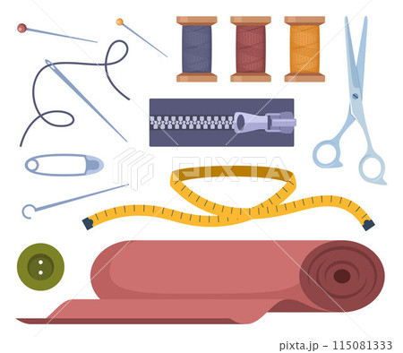 Tailors accessories, supplies to sew cloth. Dressmaking collection with thread rolls, button, needles, zipper, scissors. Tailoring studio. 115081333