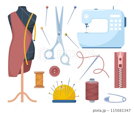 Tailors accessories, supplies and equipment to sew cloth. Dressmaking collection with thread rolls, button, needles, zipper, sewing machine, mannequin, scissors, iron. Tailoring studio. 115081347