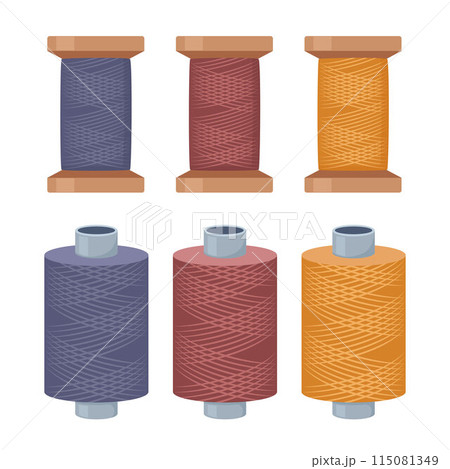 Spools of thread, set. Equipment for Dressmakers. Tailors accessories, supplies to sew cloth. Vector. 115081349
