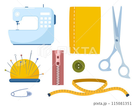 Tailors accessories, supplies and equipment to sew cloth. Dressmaking collection with button, needles, zipper, sewing machine, measuring tape, scissors. Tailoring studio. 115081351