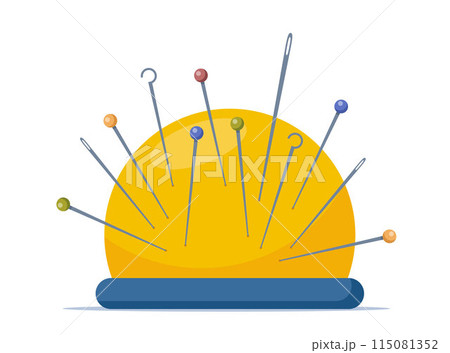 Pad with pins. Tailor's supplies for needlework. Set of sewing accessories for handicraft. Vector. 115081352