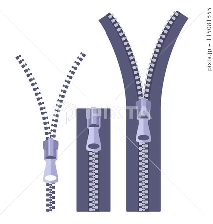 Colored zippers, open and closed. Colorful zipper, fashion fastener, lock zip clothes fashionable metal puller clothing design. 115081355