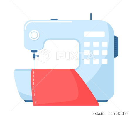 Modern sewing machine and piece of fabric with stitching. Handmade equipment for dressmaking. Accessory for sewing. Vector illustration. 115081359