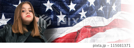 Teenage girl with american flag background. Waving american flag with copy space. 115081371