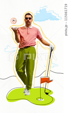 Poster. Contemporary art collage. Golfer in stands confidently, tossing golf ball in air nearby whole on abstract golf course. 115081719