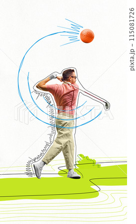 Poster. Contemporary art collage. Golfer in retro outfit swings his club, sending orange golf ball flying to hole surrounded dynamic lines. 115081726