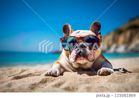 Bulldog at the beach wearing sunglasses. Relaxing and sunbathing by the sea. Ai Generative 115081869