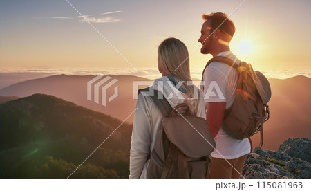 Happy couple man and woman tourist at top of mountain Happy couple man and woman tourist at top of mountain 115081963