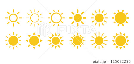黄色のシンプルな太陽、暑い夏の天気のマーク、太陽光による熱中症、ベクターアイコンイラスト素材 黄色のシンプルな太陽、暑い夏の天気のマーク、太陽光による熱中症、ベクターアイコンイラスト素材 115082256