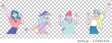 Anime-style female students posing in a fist 115082420