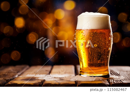 Glass of beer on a rustic wooden table in a bar on blurred bokeh background. Generative Ai image 115082467