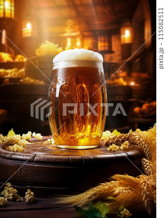 Pint of cold beer and barley on a wooden barrel in a vintage beer cellar. Generative Ai 115082511
