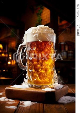 Beer mug overflowing with foam on a rustic wooden table in a pub. Generative Ai image Beer mug overflowing with foam on a rustic wooden table in a pub. Generative Ai image 115082520