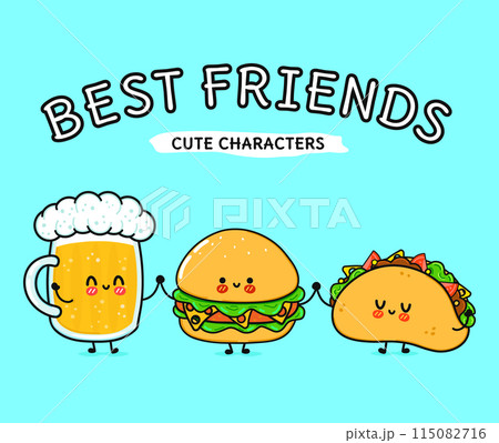 Cute, funny happy glass of beer taco hamburger. Vector hand drawn cartoon kawaii characters, illustration icon. Funny cartoon glass of beer taco hamburger mascot friends concept Cute, funny happy glass of beer taco hamburger. Vector hand drawn cartoon kawaii characters, illustration icon. Funny cartoon glass of beer taco hamburger mascot friends concept 115082716