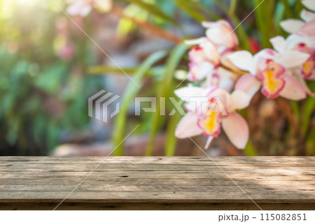 Empty wood table top with blur orchid garden background for product display 115082851
